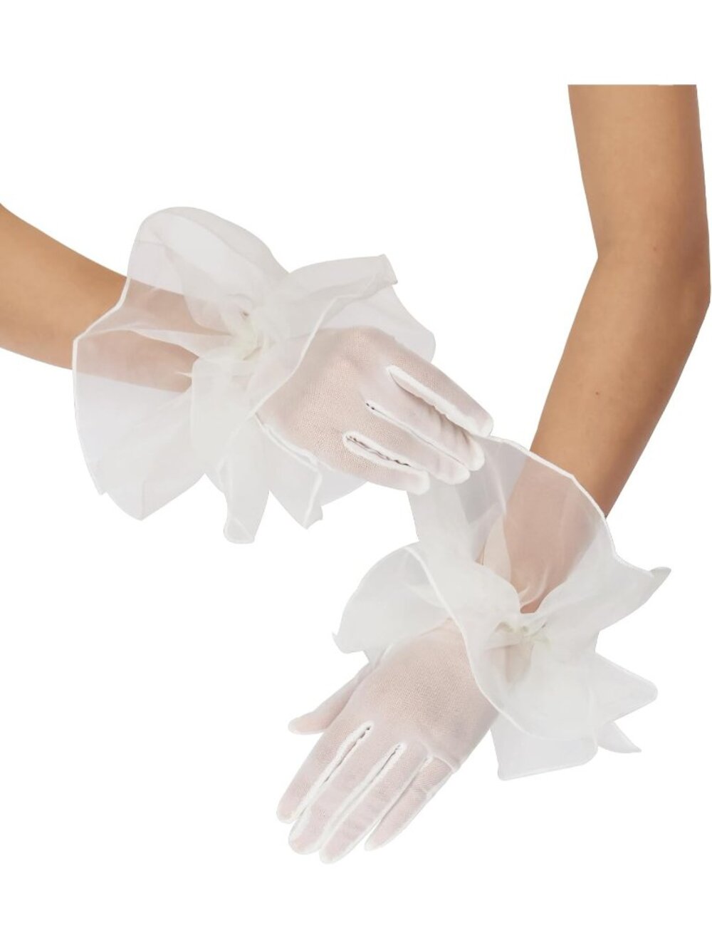 Women's Ivory 1920s Flapper Stretchy Ruffles Sheer Opera Party Short Mesh Gloves